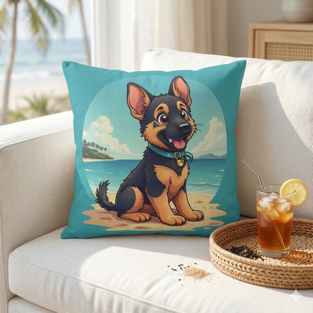 Almofada Ilustração de Cachorrinho da Raça Pastor Alemão na (Cute German Shepherd Puppy Beach Illustration Throw Pillow Mockup A)
