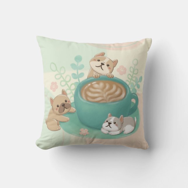 Almofada Ilustração de Cães e Café Bonitos (Frente)