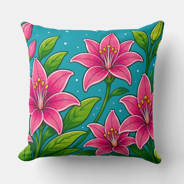 Almofada Ilustração de Flores de Lírio Rosa com Folhagem Ve (Frente)
