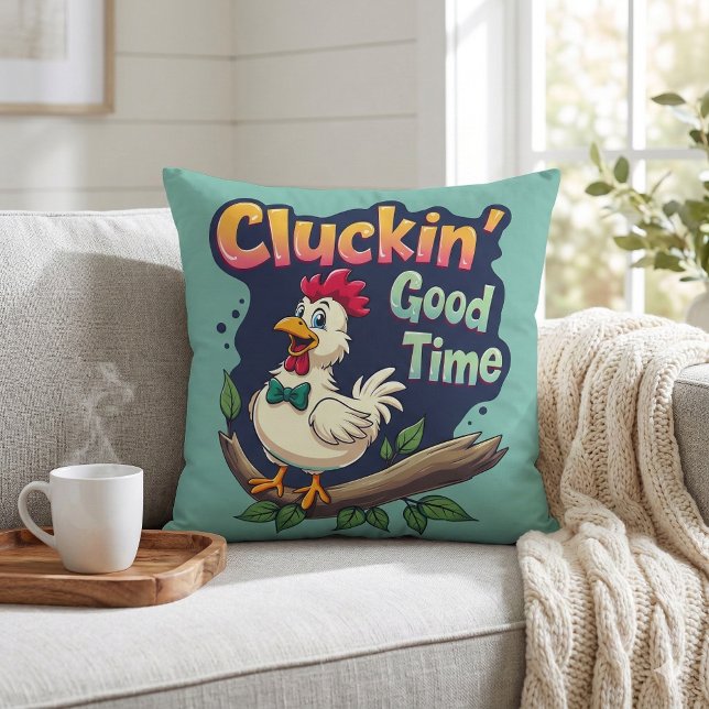 Almofada Ilustração de Galinha Engraçada de Bom Tempo (Cluckin' Good Time Funny Chicken Illustration Throw Pillow Mockup A)
