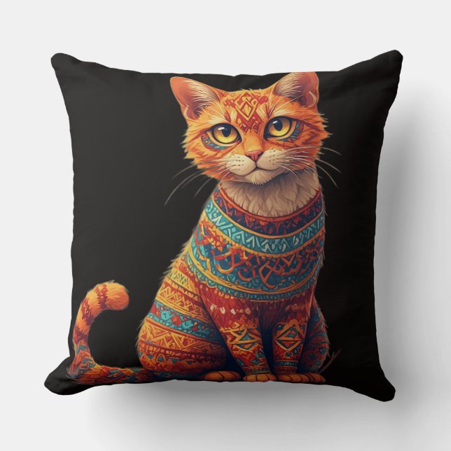 Almofada Ilustração de Gato com Padrões Fofos em Estilo de  (Frente)
