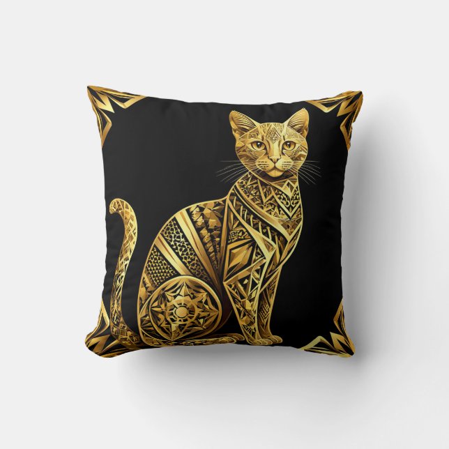 Almofada Ilustração de Gato Dourado Ornamentado (Frente)
