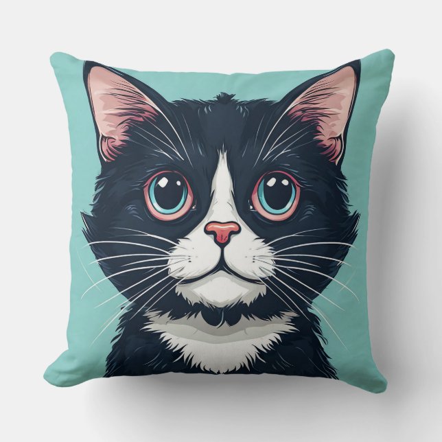 Almofada Ilustração de Gato Preto Fofo (Frente)