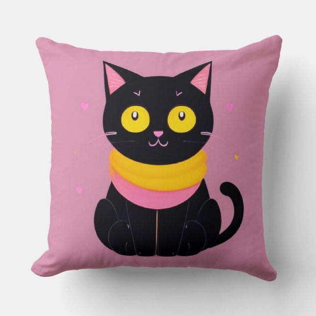 Almofada Ilustração de Gato Preto Fofo (Frente)