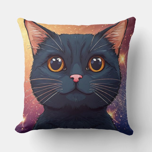 Almofada Ilustração de Gato Preto Fofo (Frente)