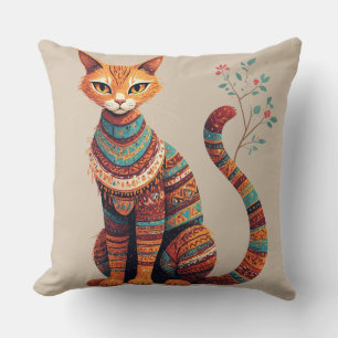 Almofada Ilustração de Gato Tribal Boho Design de Arte Popu