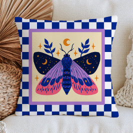 Almofada Ilustração de Mariposa Celestial Xadrez Azul Retro