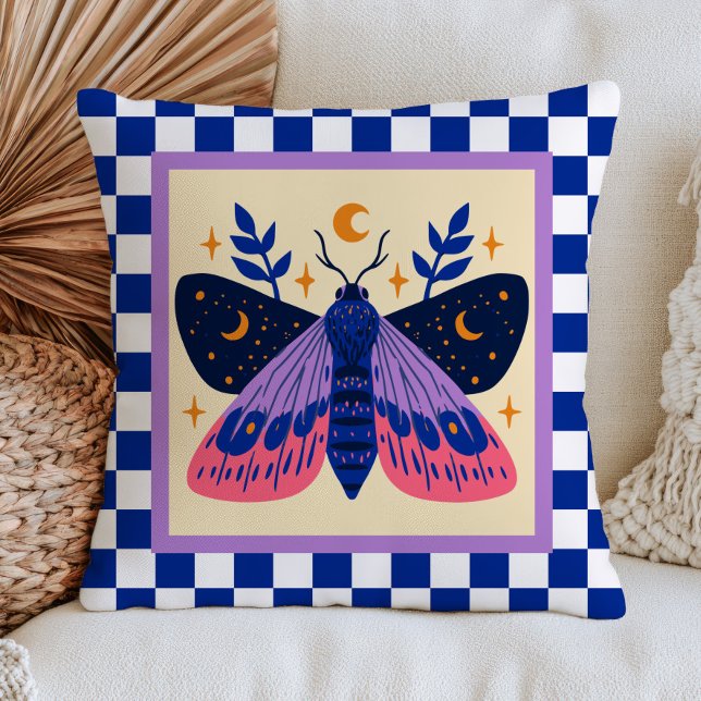 Almofada Ilustração de Mariposa Celestial Xadrez Azul Retro (Criador carregado)