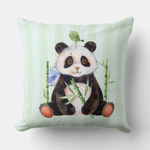 Almofada Ilustração de Panda e Uma Aquarela de Aves