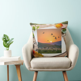 Almofada Ilustração de Pássaros ao Pôr do Sol em Folha de D