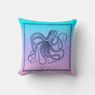 Almofada Ilustração de polvo de vintage cor-de-rosa a azul