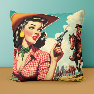Almofada Ilustração de Vintage Pulp Cowgirl