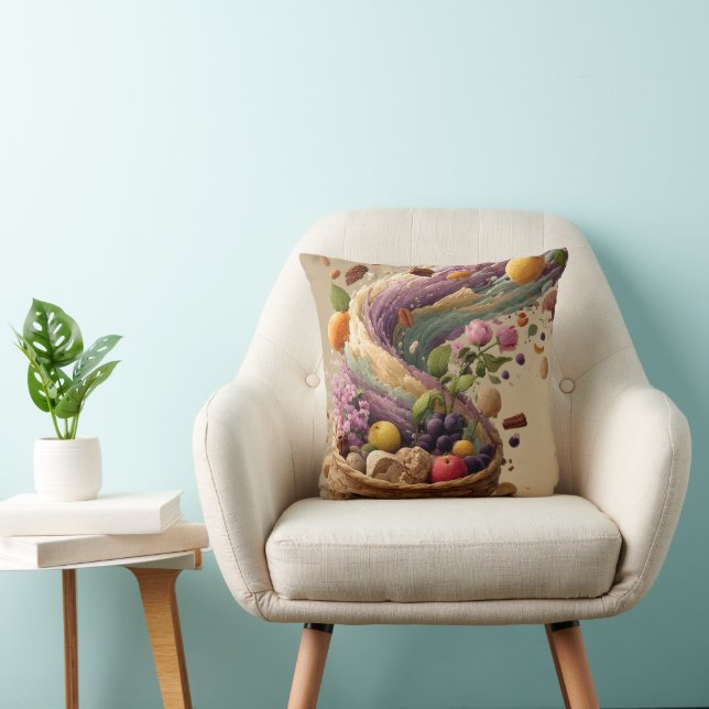 Almofada Ilustração Digital de Cesta de Frutas e Flores (Cadeira)