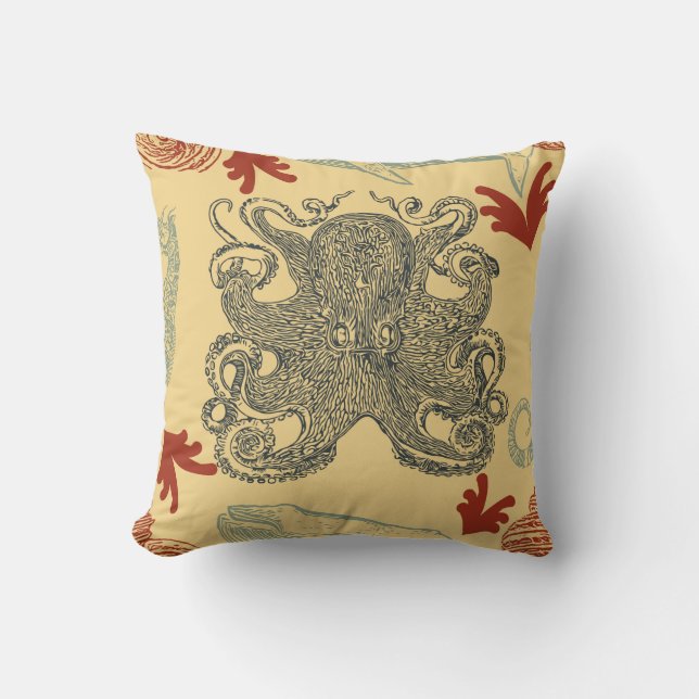 Almofada Ilustração do Monstro do Mar de Octopus de Creme N (Frente)