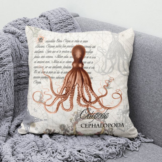 Almofada Ilustração do polvo vermelho da safra náutica (Modern Vintage Nautical Octopus Throw Pillow for Your Coastal Decor )