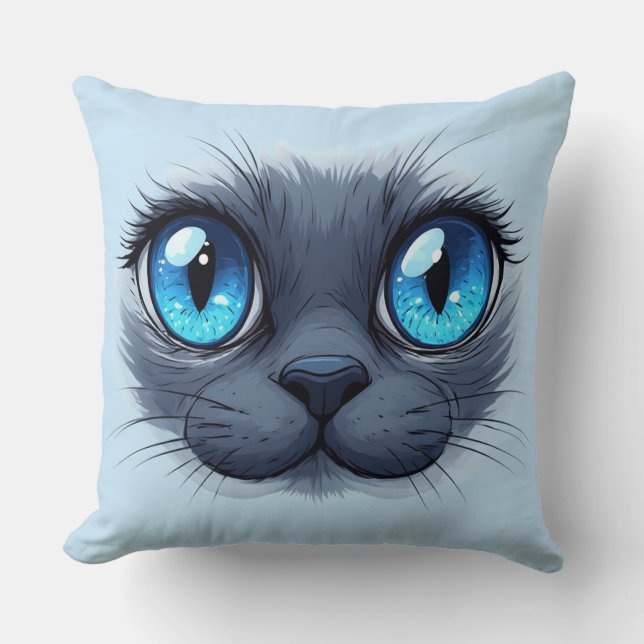 Almofada Ilustração do Rosto de Gato Olhos Azuis (Frente)