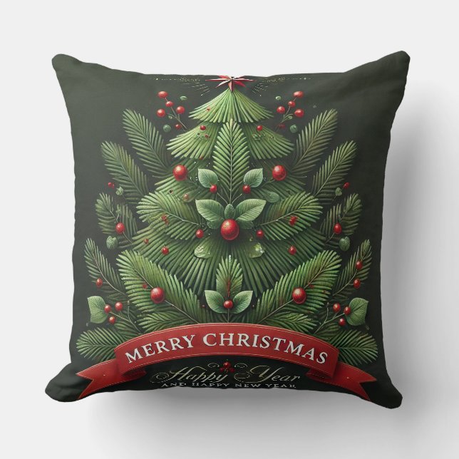 Almofada Ilustração Festiva de Árvore de Natal (Frente)