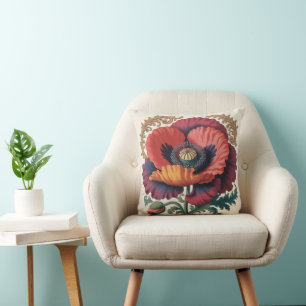Almofada Ilustração Floral de Papoula Vintage Ornamentada