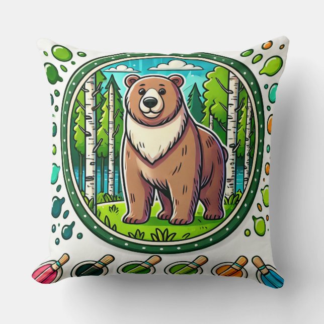 Almofada Ilustração Fofa de Urso Brilhante com Floresta (Frente)
