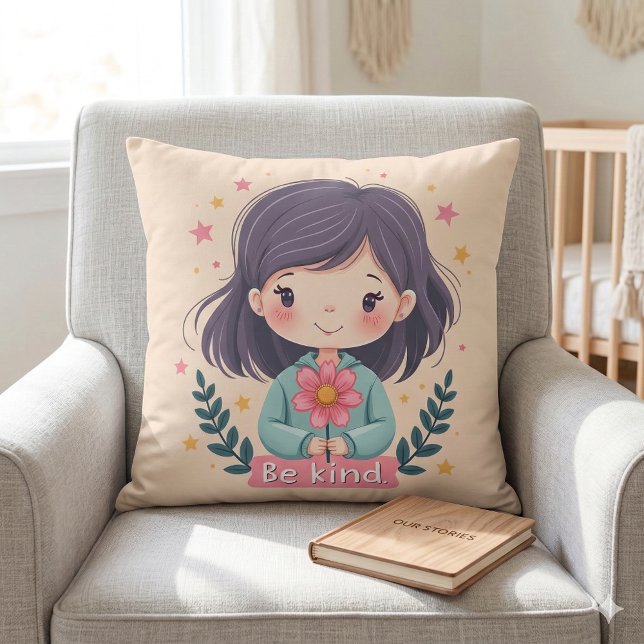 Almofada Ilustração Fofa Kawaii "Seja Gentil" (Cute Kawaii Be Kind Illustration Throw Pillow Mockup A)