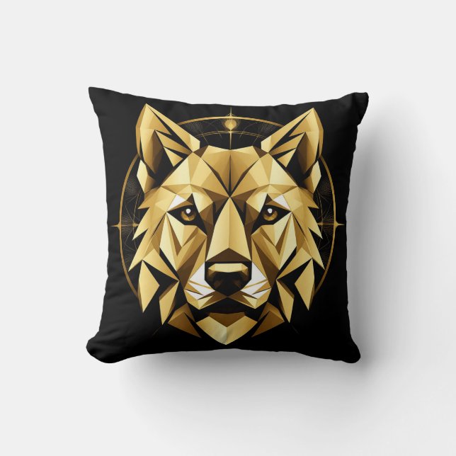 Almofada Ilustração Geométrica do Lobo Dourado (Frente)