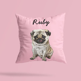 Almofada Ilustração Moderna do Cão Pug | Adicionar Nome 
