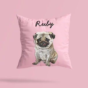 Almofada Ilustração Moderna do Cão Pug   Adicionar Nome 