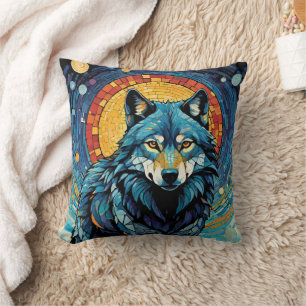Almofada Ilustração Mosaica Colorida do Lobo Majestoso