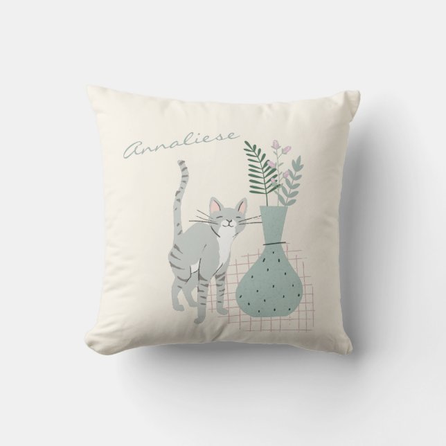 Almofada Ilustração Personalizada de Gato e Flores (Frente)