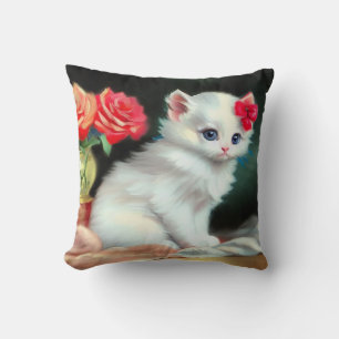 Almofada Ilustração Vintage White Kitten com Flores Vermelh