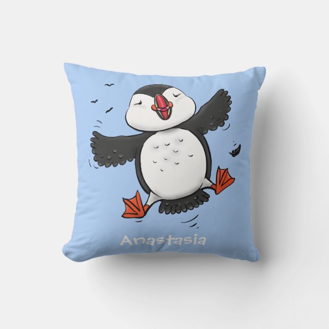 Almofada Imagem azul de desenho animado de puffin voador e  (Frente)