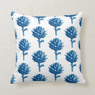 Almofada Impressão de Artichoke Botânico, Azul Indigo e B