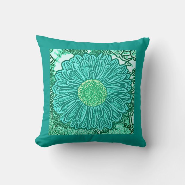Almofada Impressão de Gerbera Daisy em bloco - tons de aqua (Frente)
