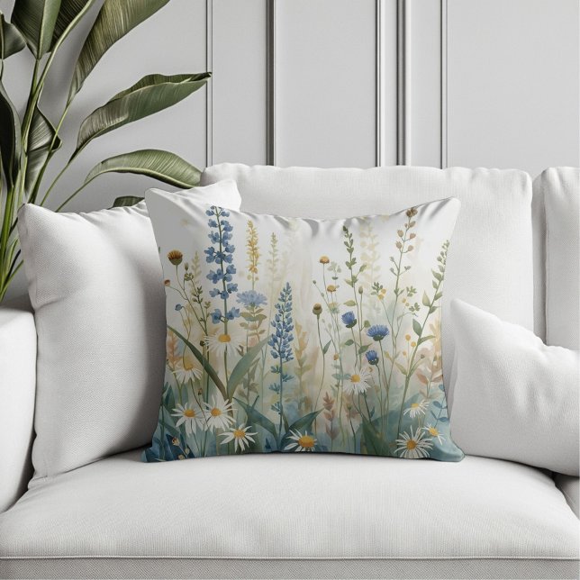 Almofada Impressão de Jardim de Flores Silvestres Boho Azul (Criador carregado)