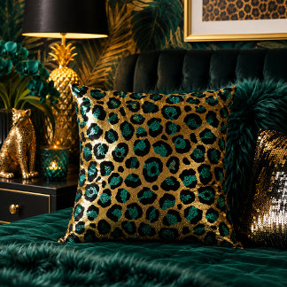 Almofada Impressão de leopardo em azul-petróleo e dourado P