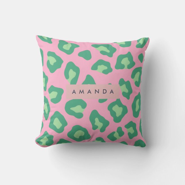 Almofada Impressão de leopardo rosa e verde personalizada (Frente)