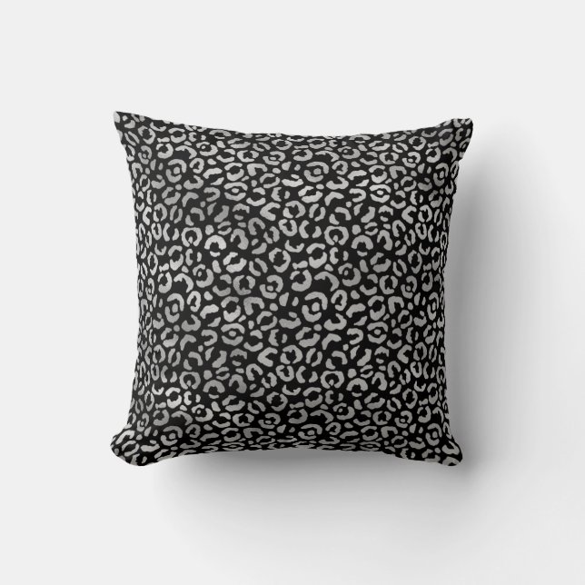Almofada Impressão do Leopardo Preto Glam Prateado (Frente)