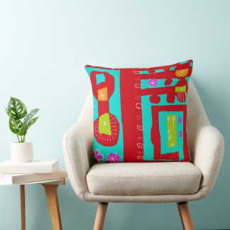 Almofada Impressão Etônico Decoral Vermelho Turquesa Branca