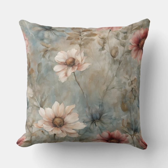Almofada Impressão Floral Azul Terrosa Quente (Frente)