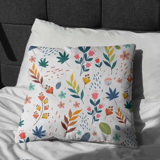 Almofada Impressão Floral Colorida (Colorful Floral Print Pillow on bed)