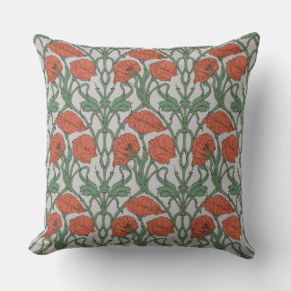 Almofada Impressão Floral de Papoula Vermelha Art Nouveau