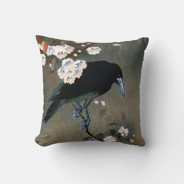 Almofada Impressão japonês de Woodblock do corvo e da flor (Frente)
