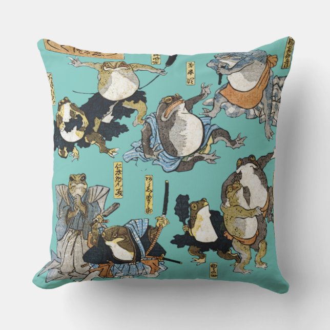 Almofada Impressão Ukiyo-e - Sapos como atores japoneses do (Frente)