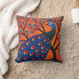 Almofada Indian Gond Art Peacock Arte da Índia