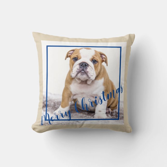 Almofada Inglês Bulldog Blue Christmas Photo (Frente)
