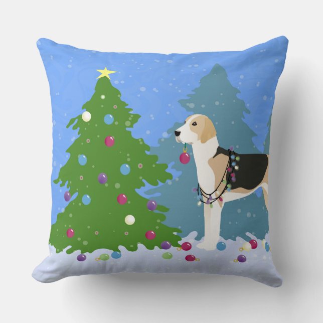 Almofada Inglês Foxhound decorando Floresta de Natal (Frente)