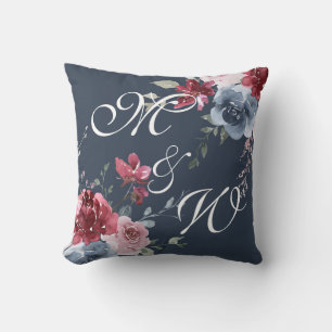 Almofada Iniciais de Monograma Rosa Azul Azul Floral Escuro