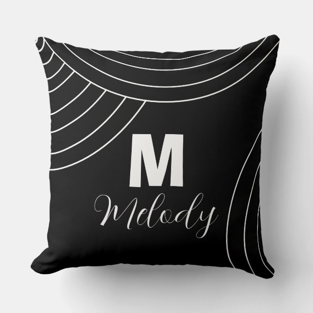 Almofada inicial do monograma abstrato moderno preto e bran (Frente)
