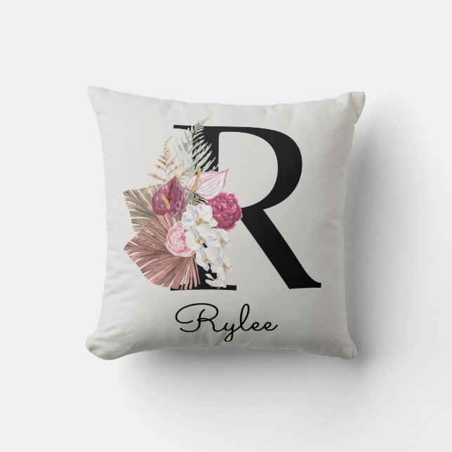 Almofada Inicial Floral Boho Rosa Monograma R (Frente)