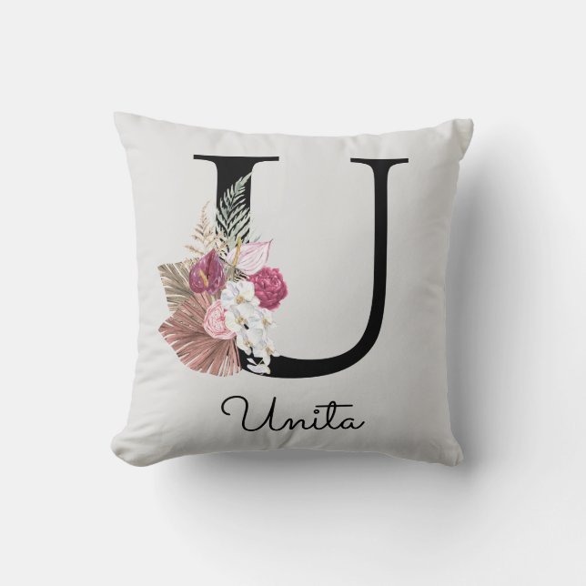 Almofada Inicial Floral Boho Rosa Monograma U Menina (Frente)